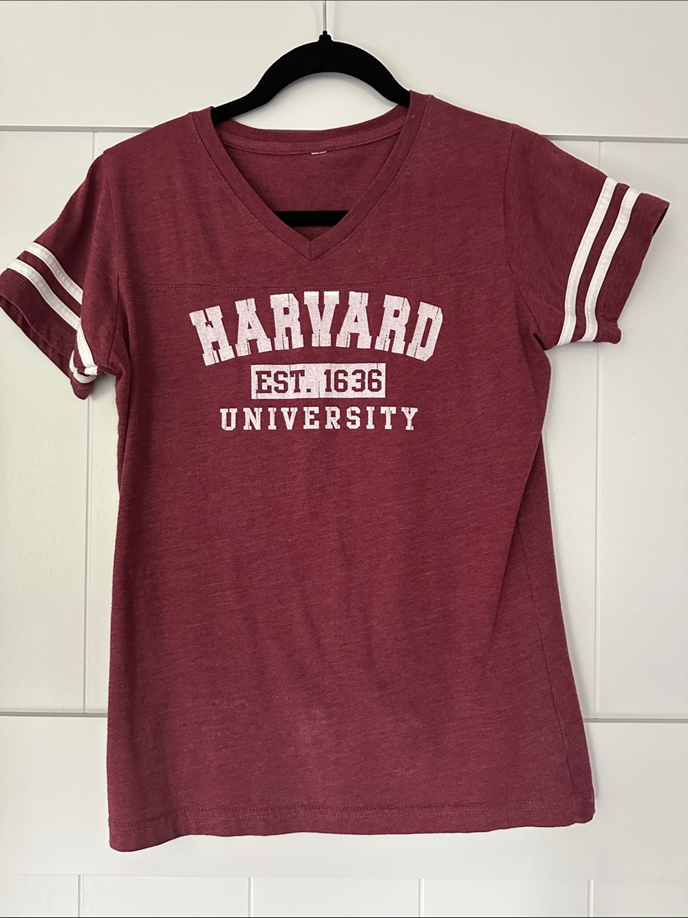 Women's V-Neck Varsity Tee in Maroon